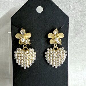 Gold Tone Flower & Pearl Heart Dangle Earrings S925 Sterling Silver Posts